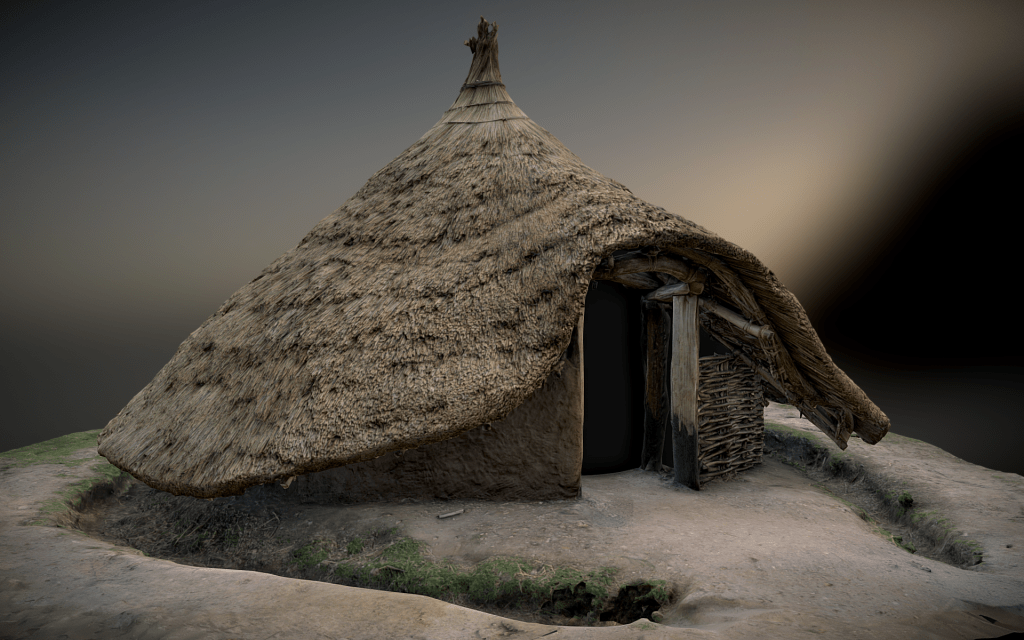 A 3D representation of a traditional thatched hut, featuring a curved straw roof and wooden supports, set in a natural landscape.