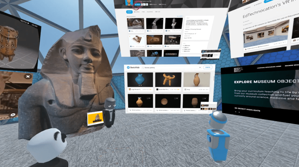 Virtual reality space featuring a large ancient statue and multiple digital screens displaying 3D models and resources related to cultural heritage.